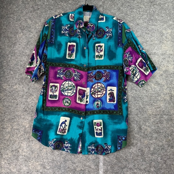 COMO Studio Vintage Artsy Hippie Tarot Print Shirt Teal Purple Rayon Size 6 - Picture 4 of 16